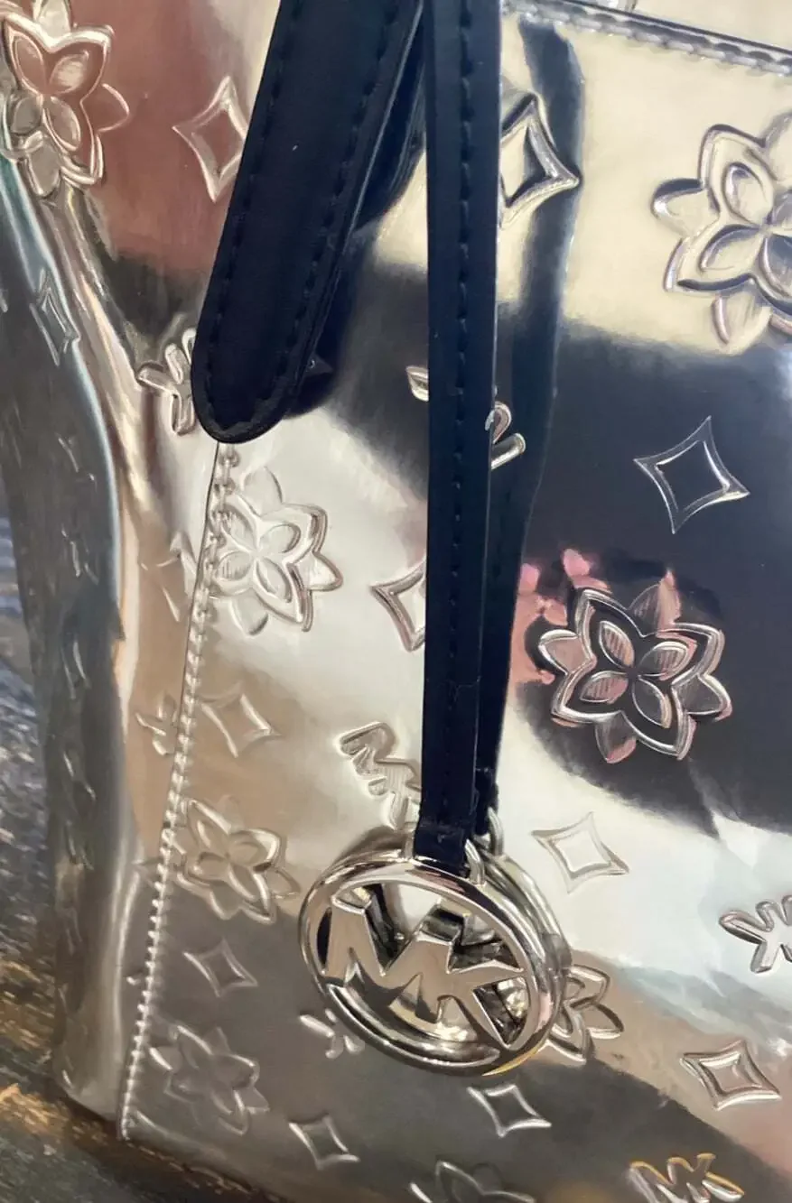 Michael Kors Ciara Zip Top Silver Mirror Embossed Tote with Matching Wristlet